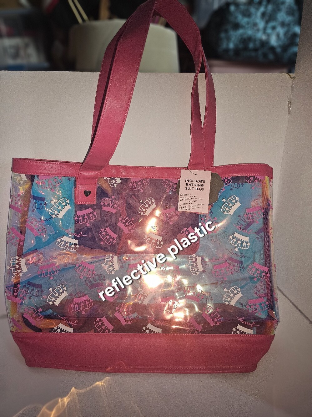 NWT! JUICY COUTURE "JC" Reflective PINK Crown HUGE Beach Tote+Bathing Swim Bag!